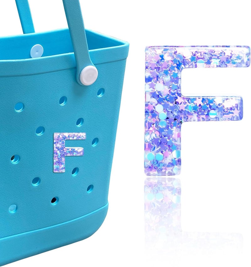 HLUWA Letter Charms for Bogg and Simply Southern Bags - Alphabet Purple Star Sequin Lettering Accessories - Insert Decorative Letters for Handbag Beach Tote - Image 1
